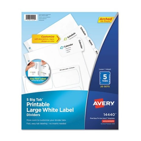 Avery Dennison Avery, BIG TAB PRINTABLE LARGE WHITE LABEL TAB DIVIDERS, 5-TAB, LETTER, 20PK 14440